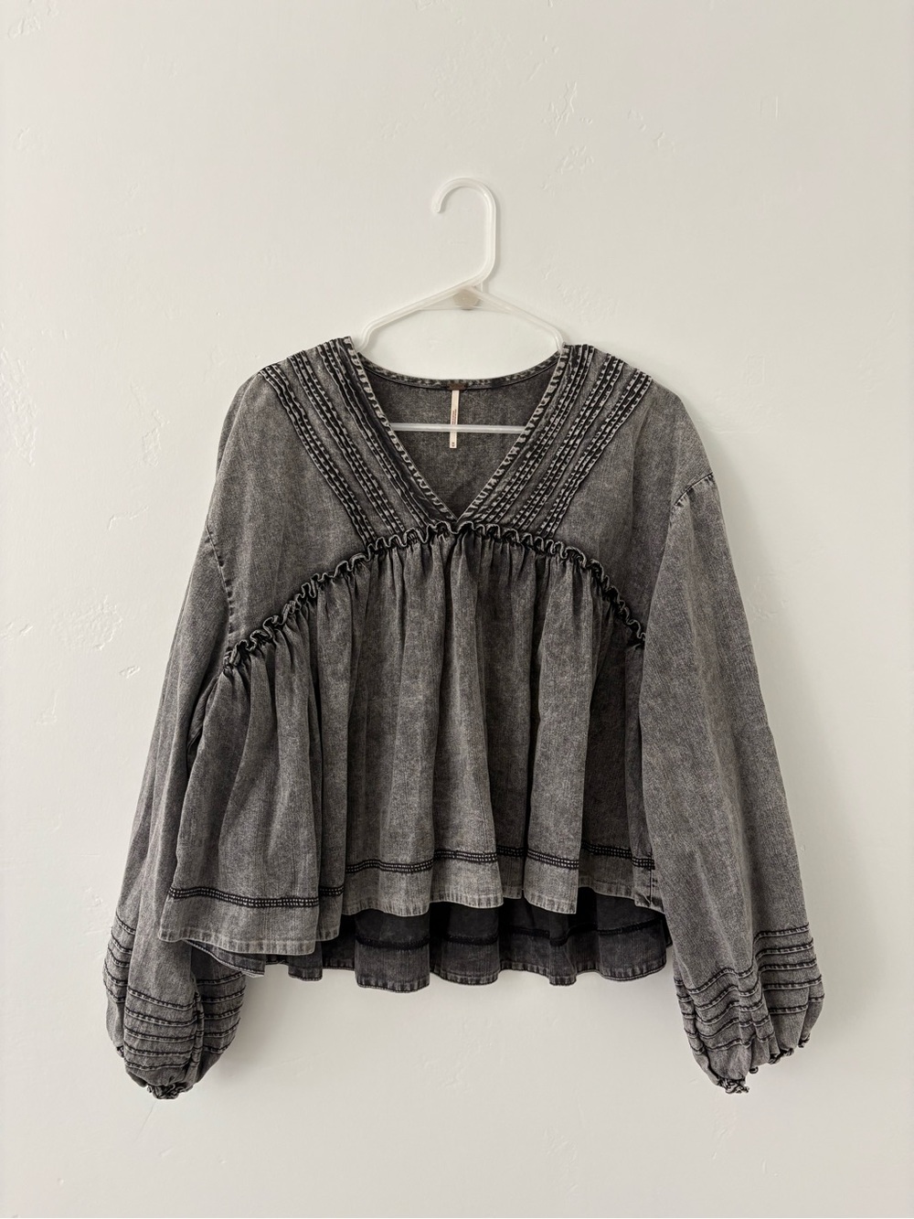 Free People Washed Gray Peasant Blouse - Long Sleeve V-Neck Top